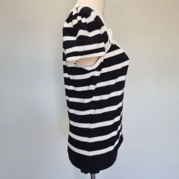 Review Black & White Stripe Bow Detail Cap Sleeve Knit Top Size 14 - Picture 4 of 8